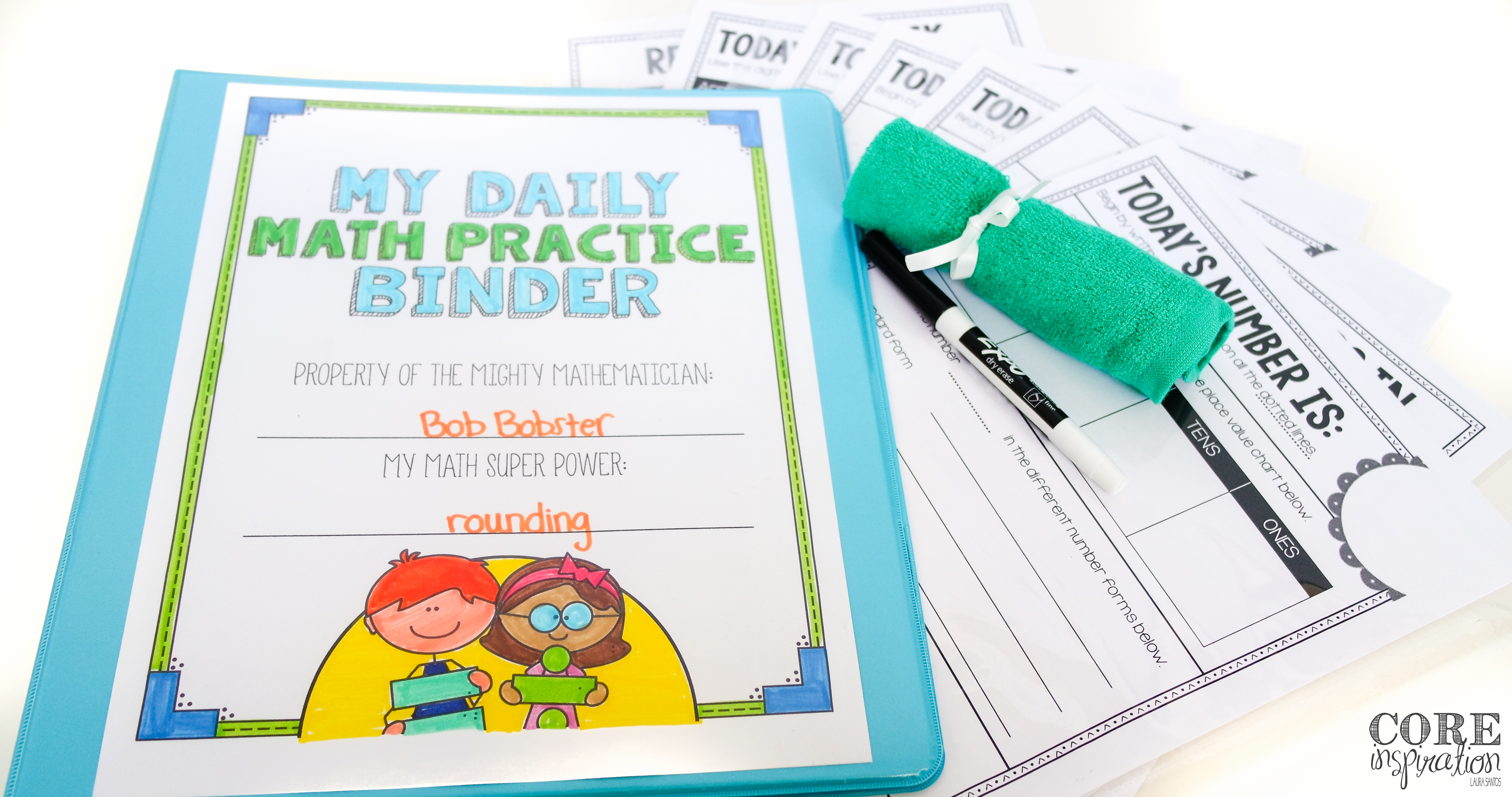 To get started with using a number of the day binder in your classroom, gather sheet protectors, white board markers, washcloths or erasers, and a binder for each student. 