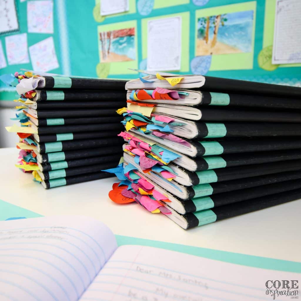 Pile of reading notebook ready for grading. Reading notebooks are composition books filled with notes taken during reading workshop.