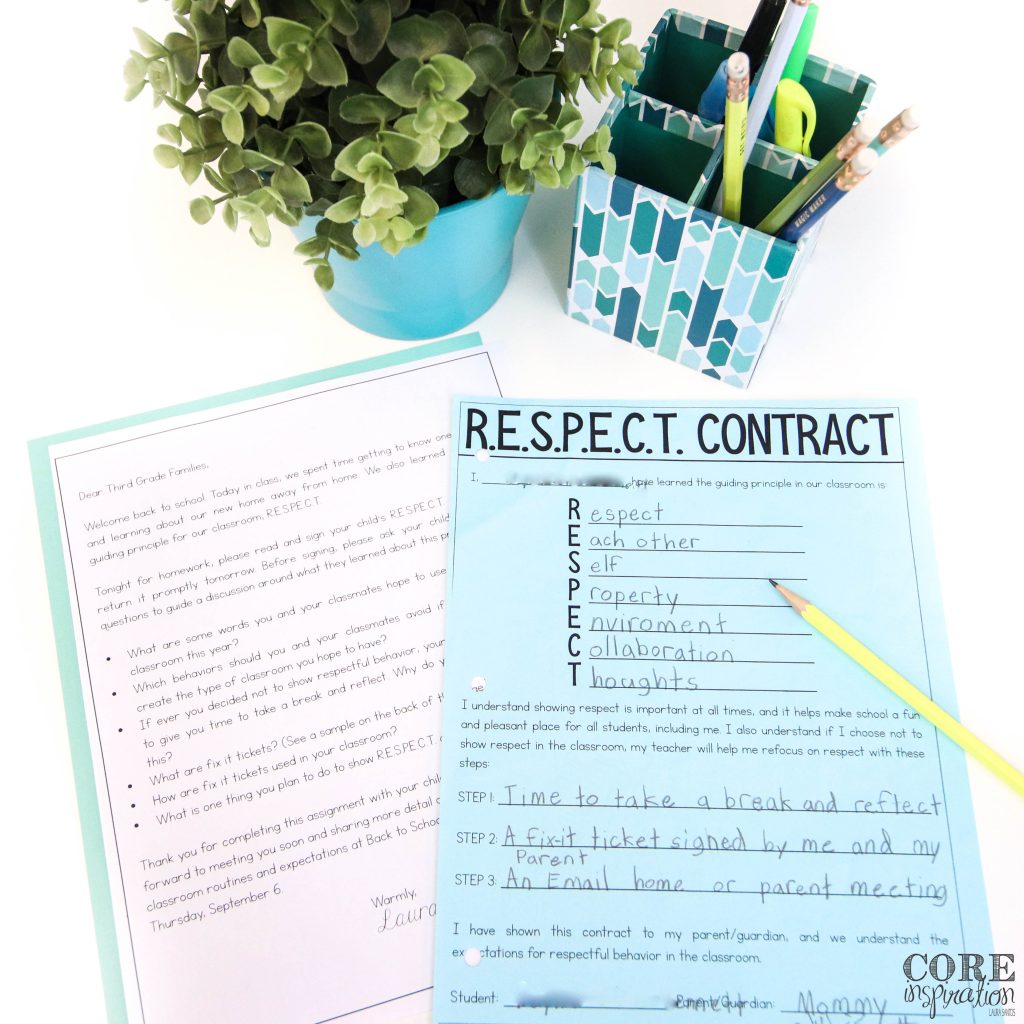 Core Inspiration R.E.S.P.E.C.T. contract laying on desk next to cover letter for parents explaining classroom routines and expectations for classroom management. Perfect to send home the first week of school when setting classroom expectations.
