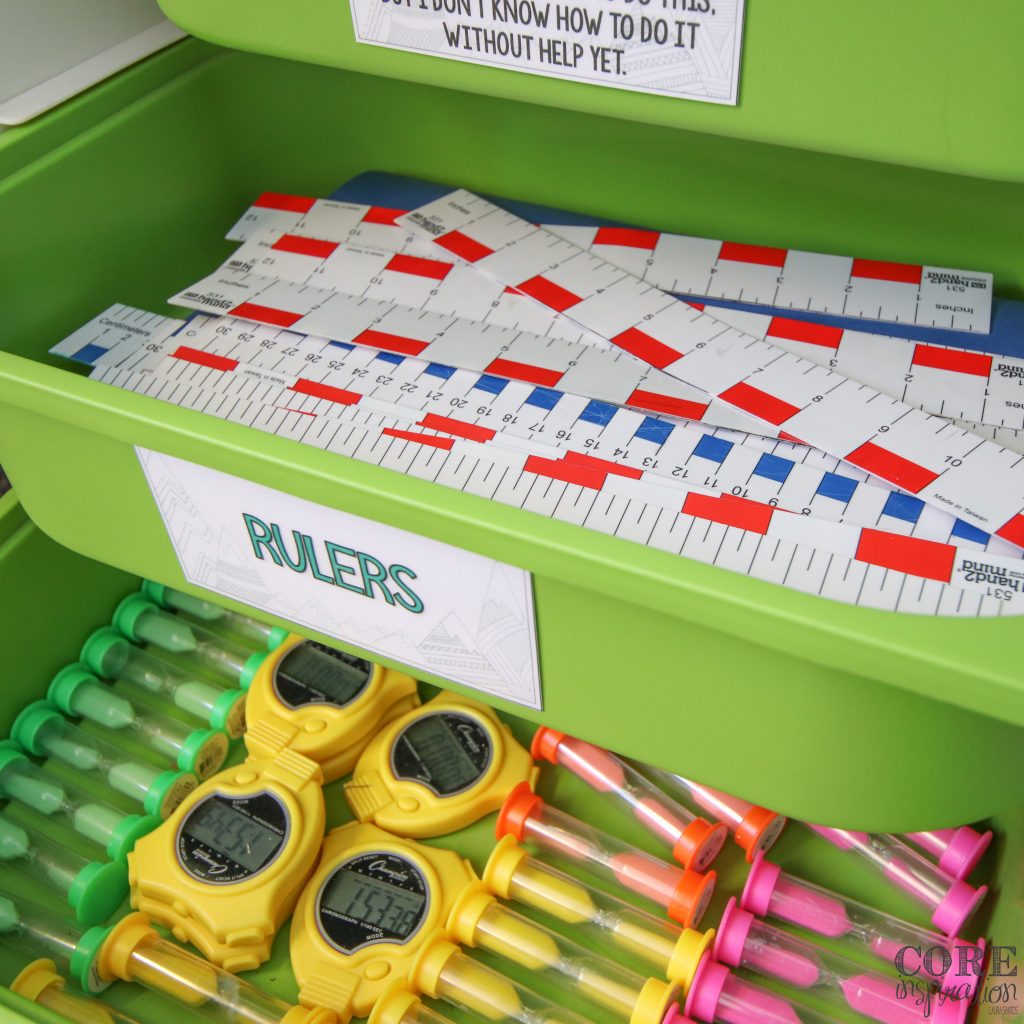 Rulers and timers for math stored in Ikea Trofast drawers
