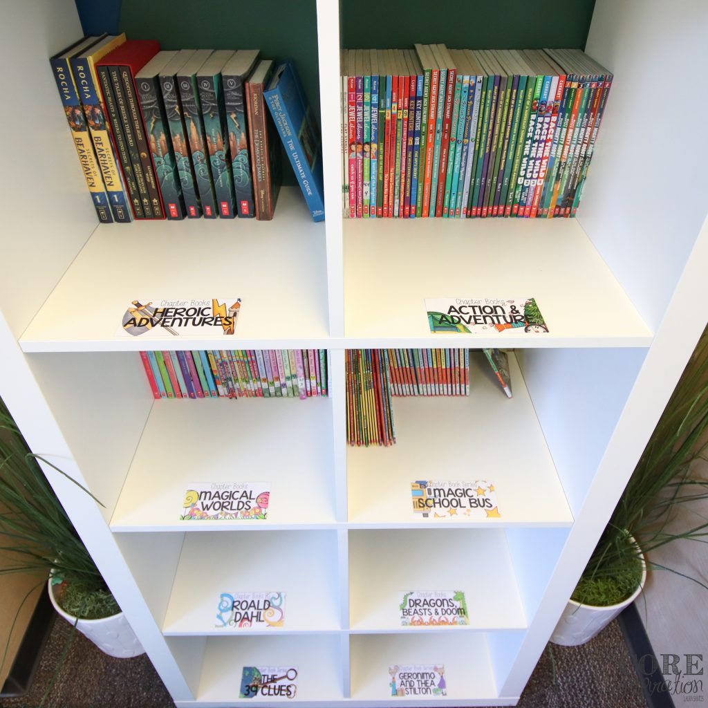 Ikea kallax shelf with Core Inspiration colorful image-rich classroom library labels