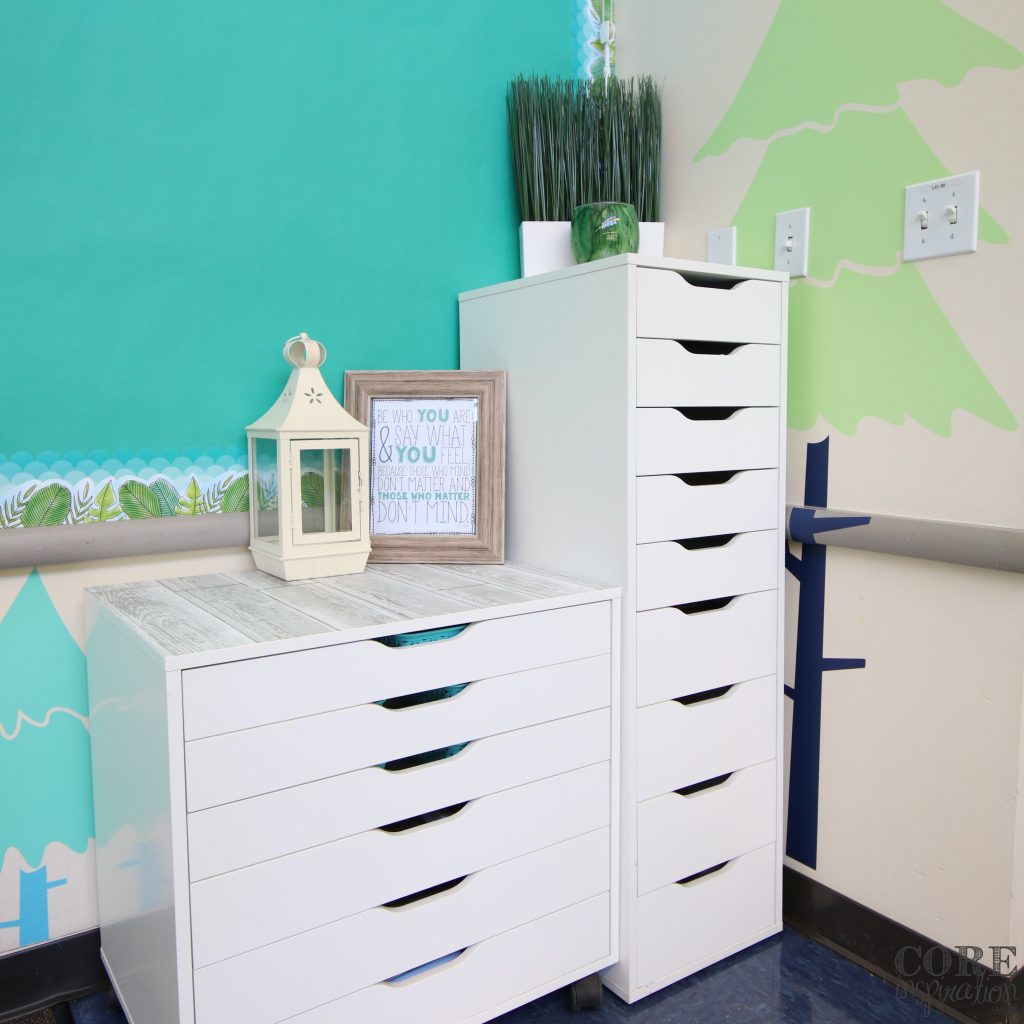 Classroom corner with wide drawers for projects and deep drawers for extra art supplies.