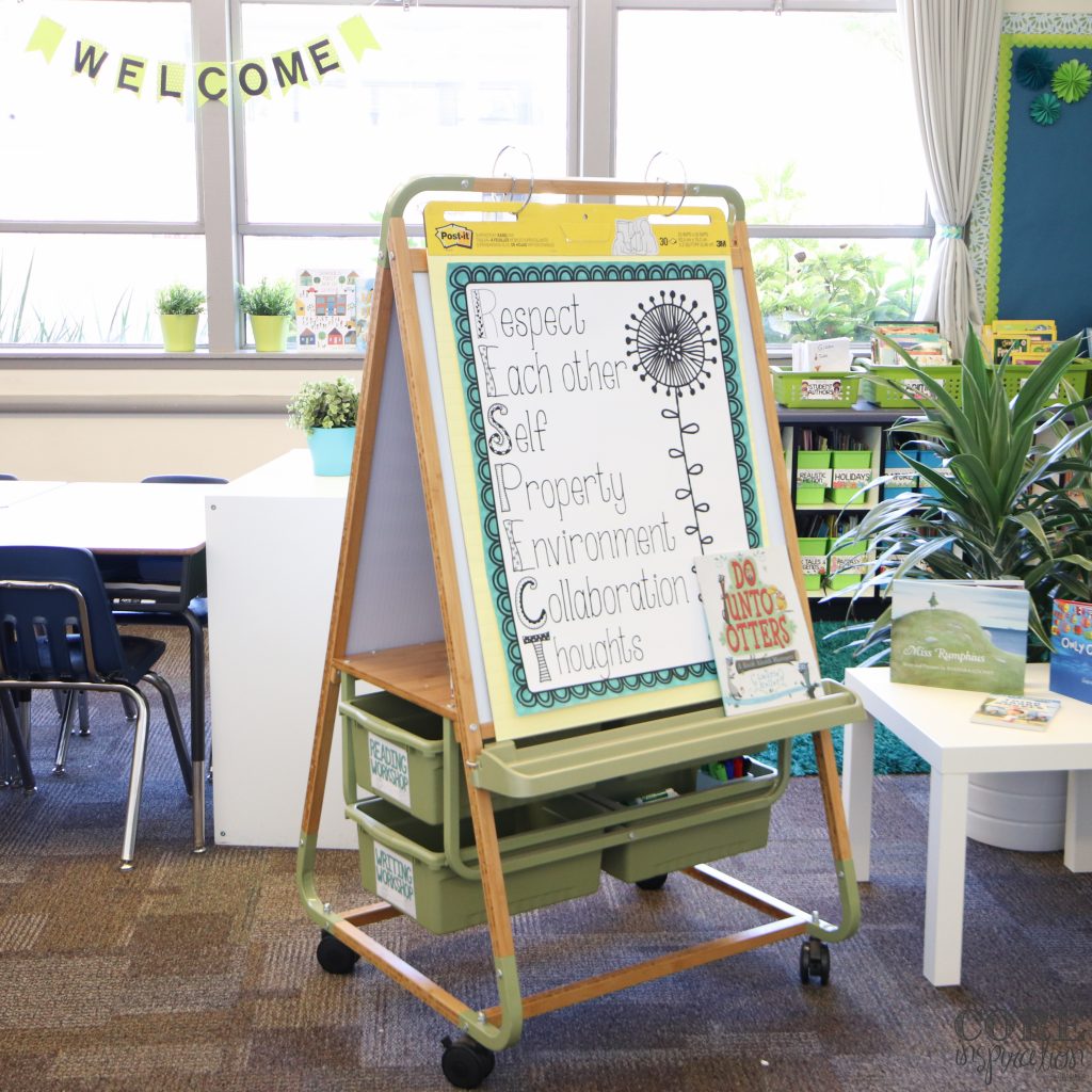 Bamboo teaching easel with RESPECT classroom management poster on display.